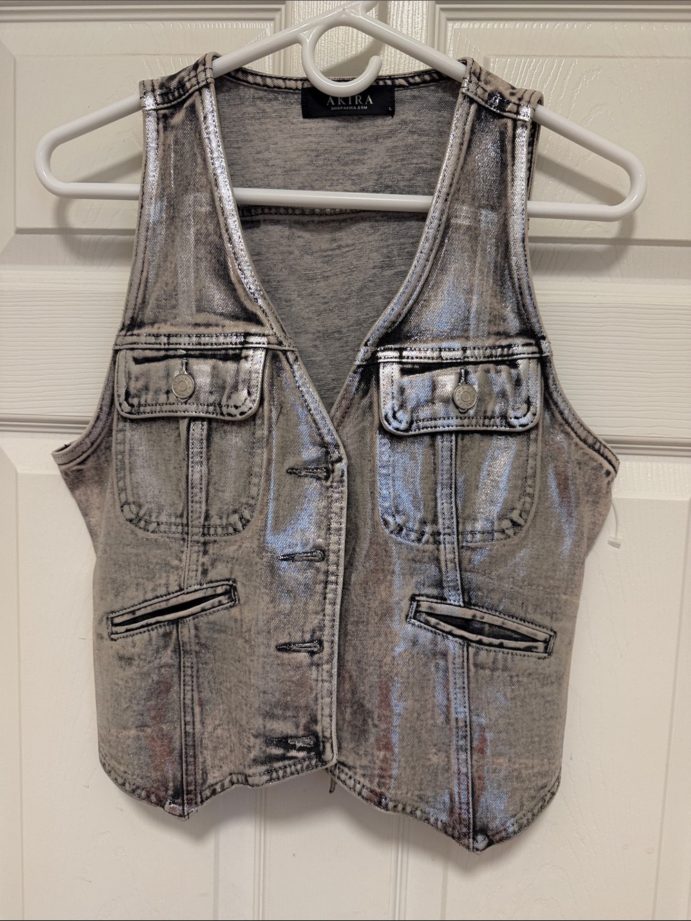 AKIRA Silver Metallic Distressed Denim Vest